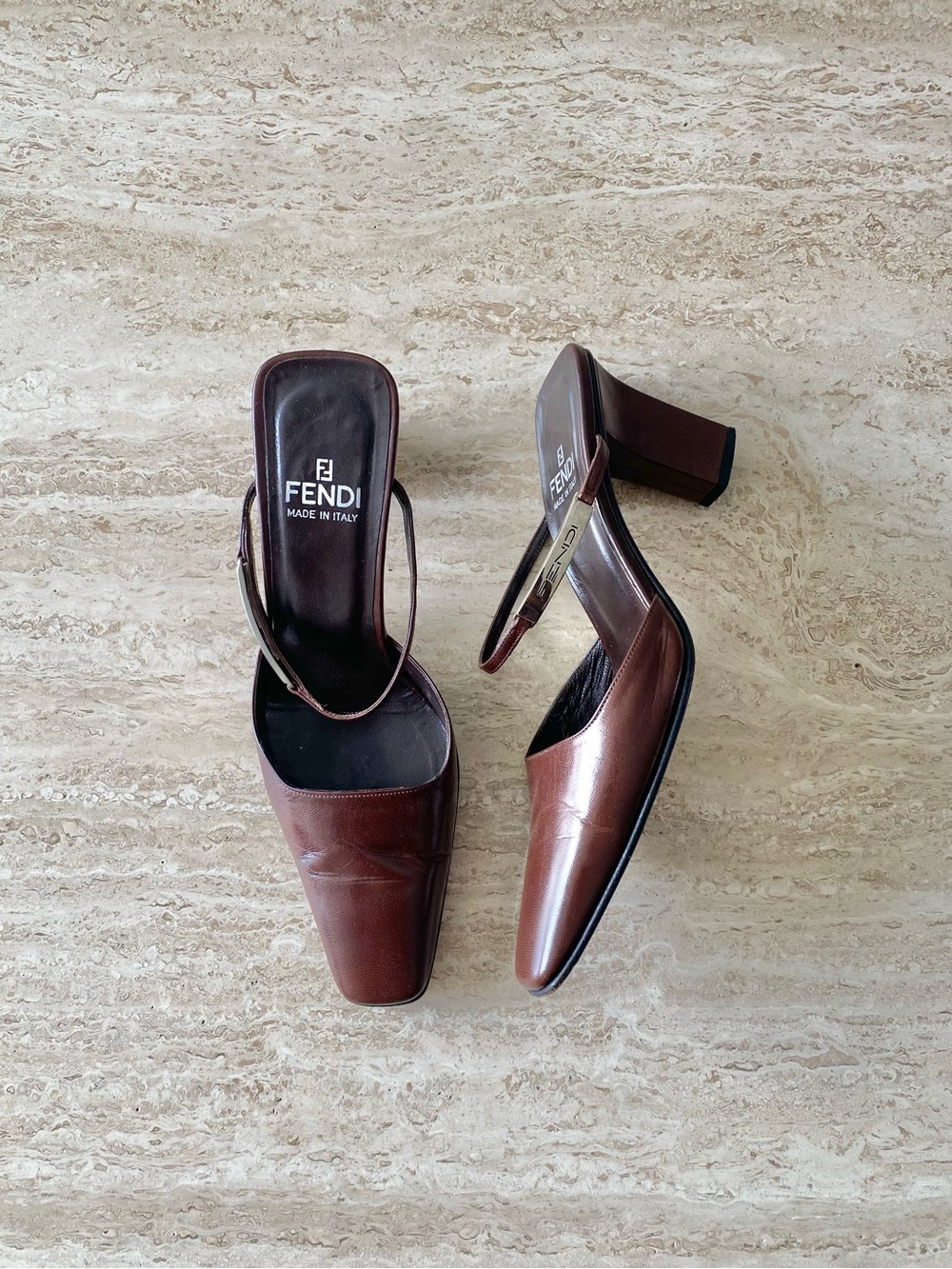 Vintage Fendi Logo Plate Strap Mule Heels